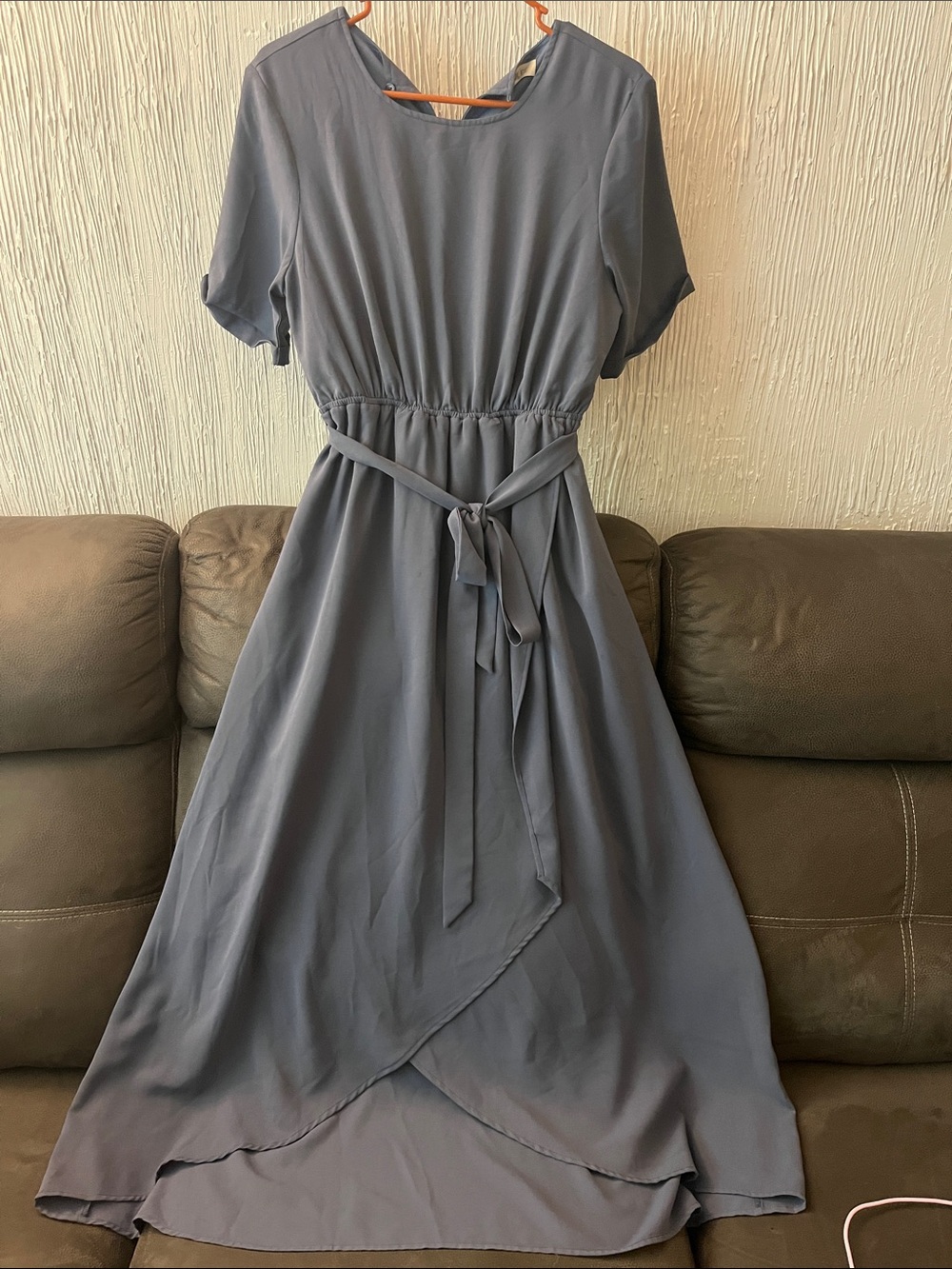 Roolee Slate Blue High-Low Wrap Dress with Tie Waist